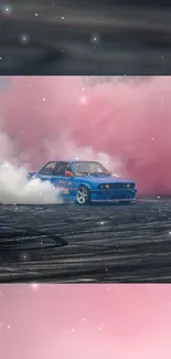 Blue car drifting with pink smoke on a track in dynamic motion.