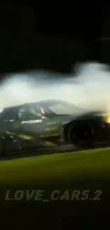 Drift car racing at night with smoke and glowing headlights.