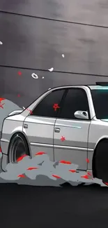 Drifting car illustration with smoke and vibrant accents.