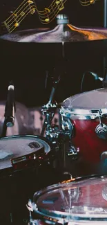 Dynamic drum set on stage with cymbals in focus.