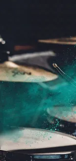 Dynamic teal drum set wallpaper with vibrant music theme.