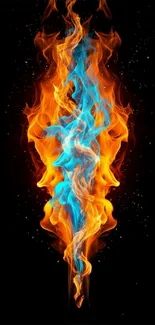 Dual-colored flames in vibrant blue and orange against a black backdrop.