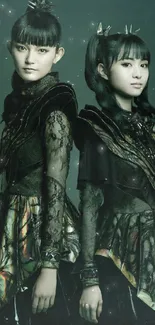 Two individuals in Gothic attire, back to back.