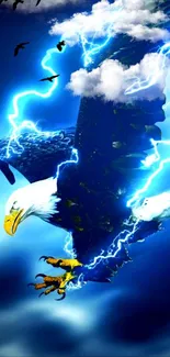 Eagle soaring through storm with blue lightning.