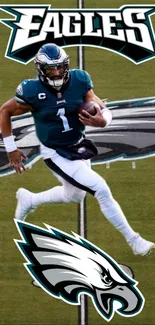 Philadelphia Eagles player in action on field with team logo.