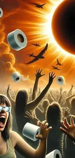 Dramatic solar eclipse with crowd and orange sky backdrop.