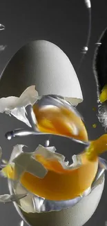 Dynamic cracked egg with yolk splash on a dark background.