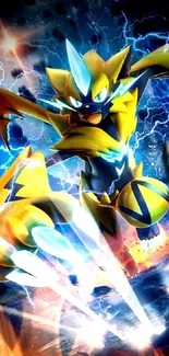 Anime creature with electric energy in a dynamic blue and yellow scene.