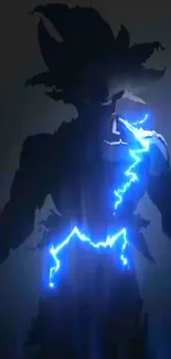 Silhouette with blue lightning glow into darkness.