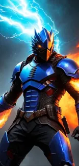 Electric warrior in blue armor with fiery details on a vibrant background.