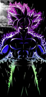 Silhouette of anime character with vibrant energy aura on a dark background.