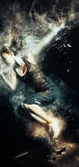 Dynamic abstract art made of swirling energy figures on a dark background.