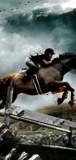 Horse and rider jumping against a stormy, dramatic sky.