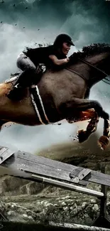 Horse and rider jumping over an obstacle in a dynamic scene.