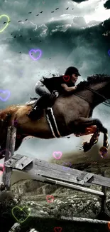 Rider jumping horse under dramatic sky with heart overlays.