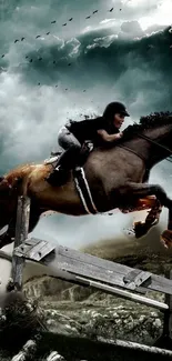 Horse and rider jumping against a dramatic sky in an equestrian scene.