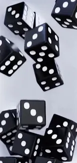 Black dice tumbling in dynamic motion against a white background.