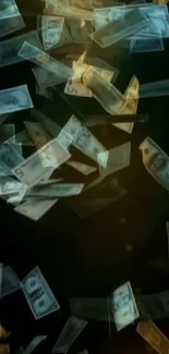 Dynamic wallpaper of money falling on dark background.