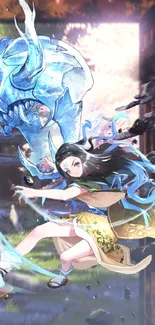 Anime wallpaper of a dynamic female warrior and mystical creature.