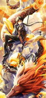 Fantasy dragon and warrior in orange and gold hues, ideal for mobile wallpapers.