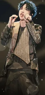 Dynamic performer in textured fashion coat on stage.