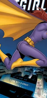Female superhero in action above a cityscape, vibrant and dynamic.