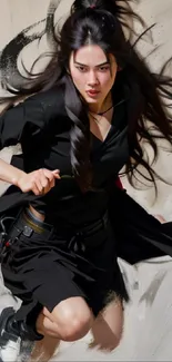 Dynamic female ninja in mid-action with flowing hair.