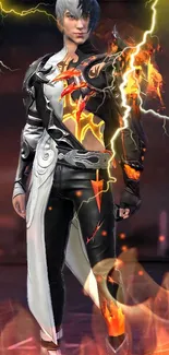 Mobile wallpaper featuring a fiery character with lightning effects on a dark background.