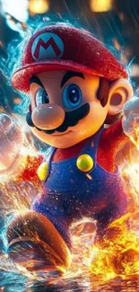 Fiery character runs through flames in a dynamic scene.
