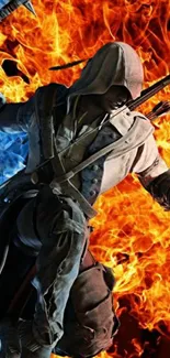Warrior amid blue and orange flames on mobile wallpaper.