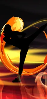 Silhouette of a martial artist kicking through fiery and smoky colors.