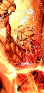 Anime fighter character with orange glow in action pose.