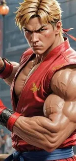 Dynamic fighter character in red outfit, street scene.