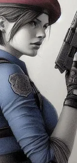 Detailed artwork of a female character in a blue uniform holding a gun.