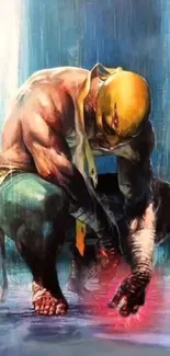 Dynamic artwork featuring a fighter character kneeling intensely.