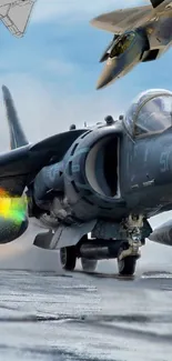 Dynamic fighter jet with colorful exhaust stream in the sky.