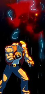 Animated fighter in lightning with dark red and blue hues.