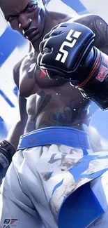 Illustrated fighter in action with blue and white theme.