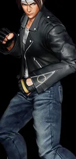 Fighter in leather jacket on black background.