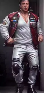 Action hero in dynamic pose wearing a jacket.