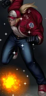 Dynamic fighter with red jacket and energy burst in action pose.