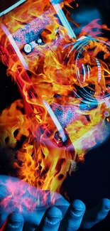 Burning camera with vibrant flames on a dark background.