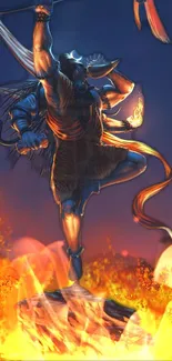 Mythical figure dances amid vibrant flames on a phone wallpaper.