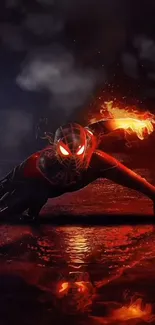 Superhero with fiery effects and glowing eyes, crouched with dramatic background.