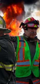 Firefighters in action amidst a blazing background.