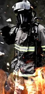 Firefighter in gear amidst smoke and fiery effects.