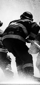 Firefighters battling with water hose in dramatic black and white scene.