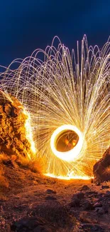 Dynamic fireworks illuminate rocky landscape in a vibrant night display.