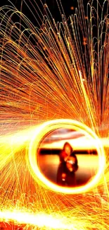 Dynamic light trails with fireworks in vibrant orange glow.