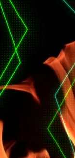 Dynamic wallpaper with flames and neon lines on a dark background.